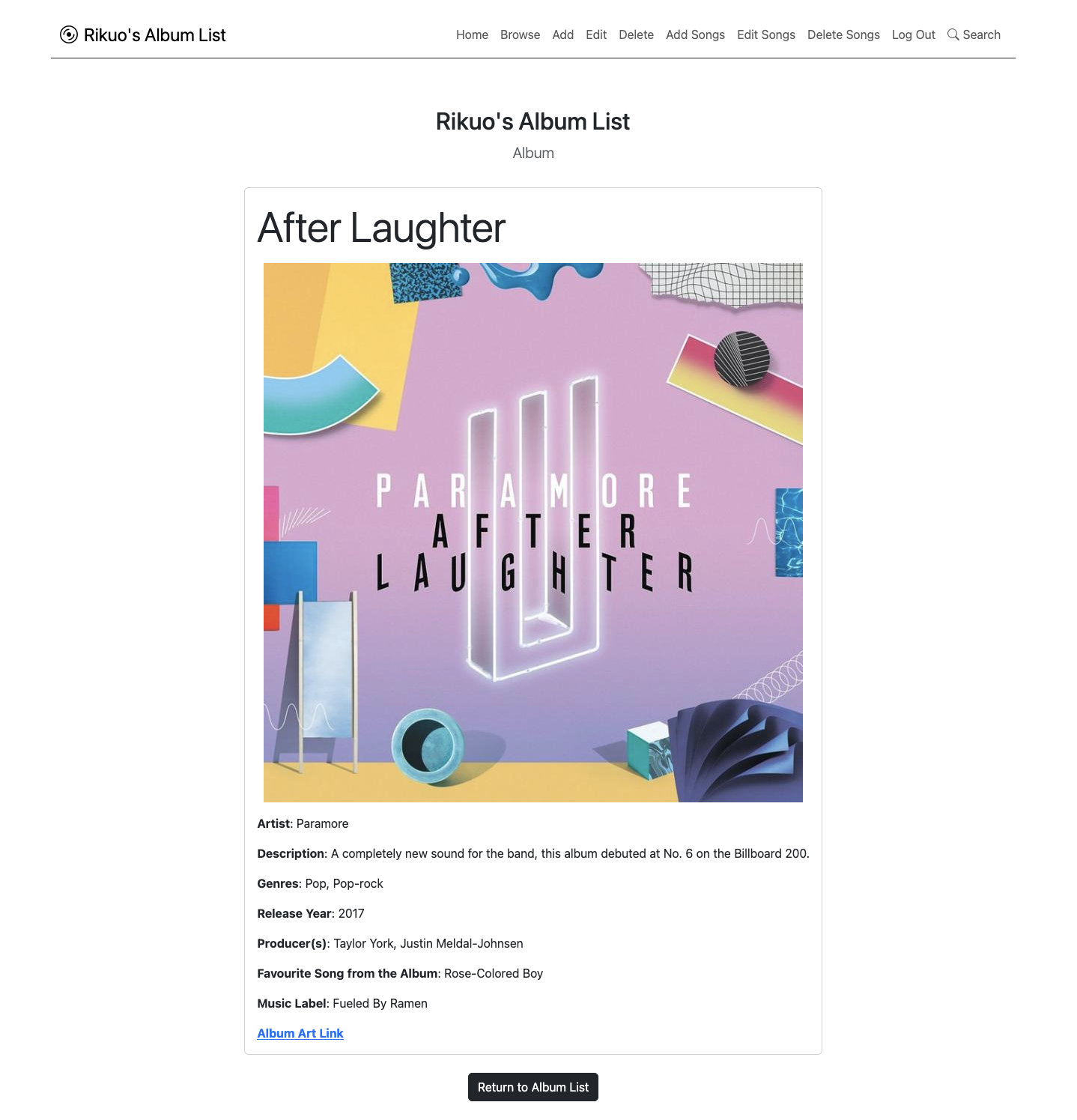 A screenshot of a single album page for a crud app.